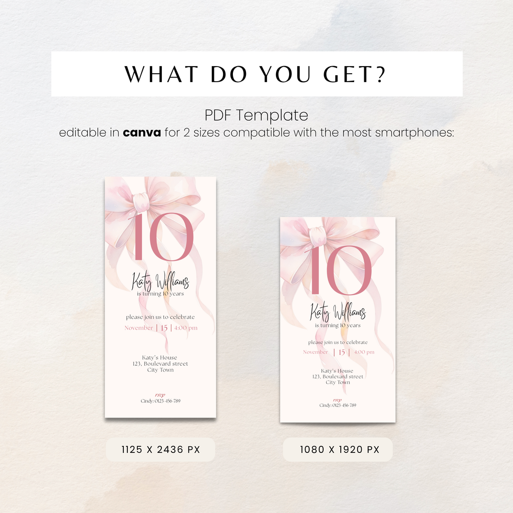10th Birthday Invitation Watercolor Pink Bow