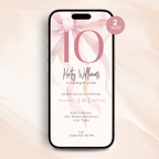 Phone displaying a 10th birthday invitation with pink ribbons on a light pink background