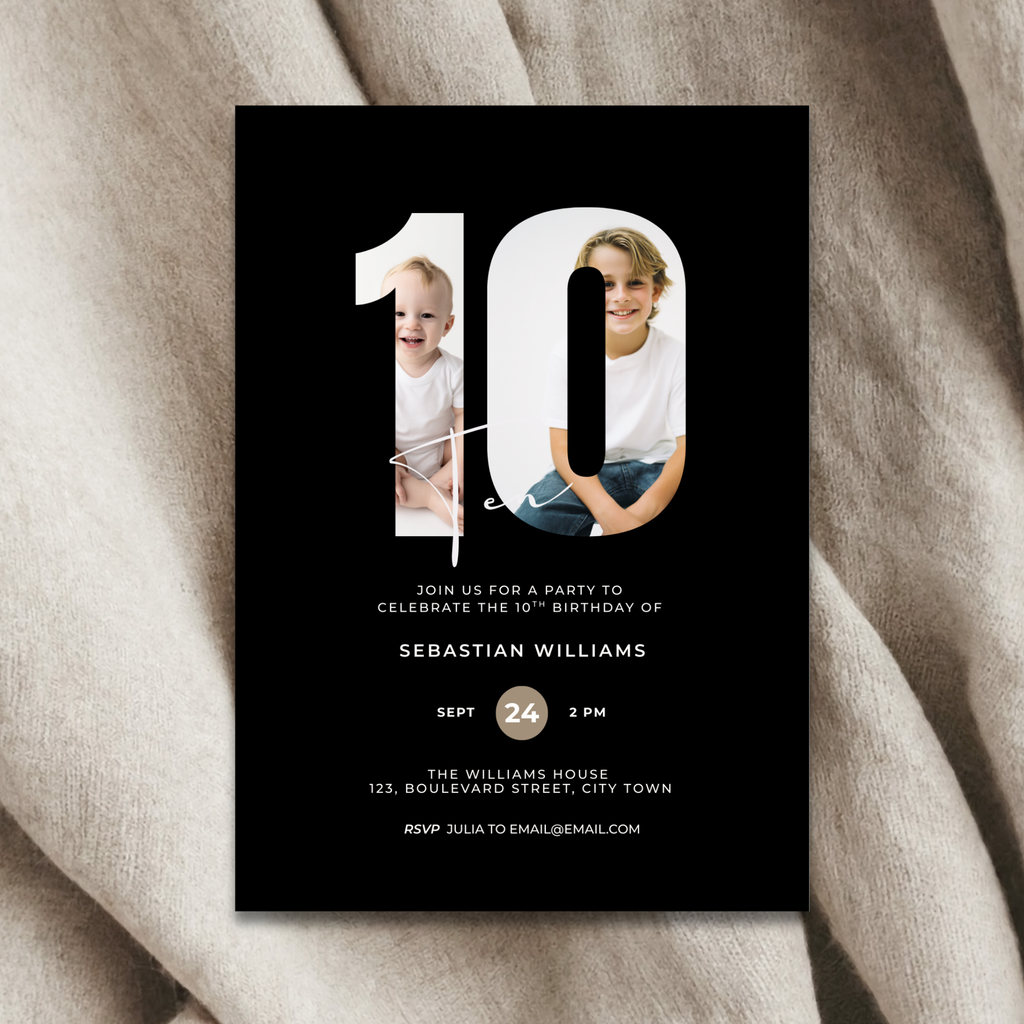 Black 10th Birthday invitation card with two children's photos and the number 10 on a black background.