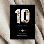 Black 10th Birthday invitation card with two children's photos and the number 10 on a black background.