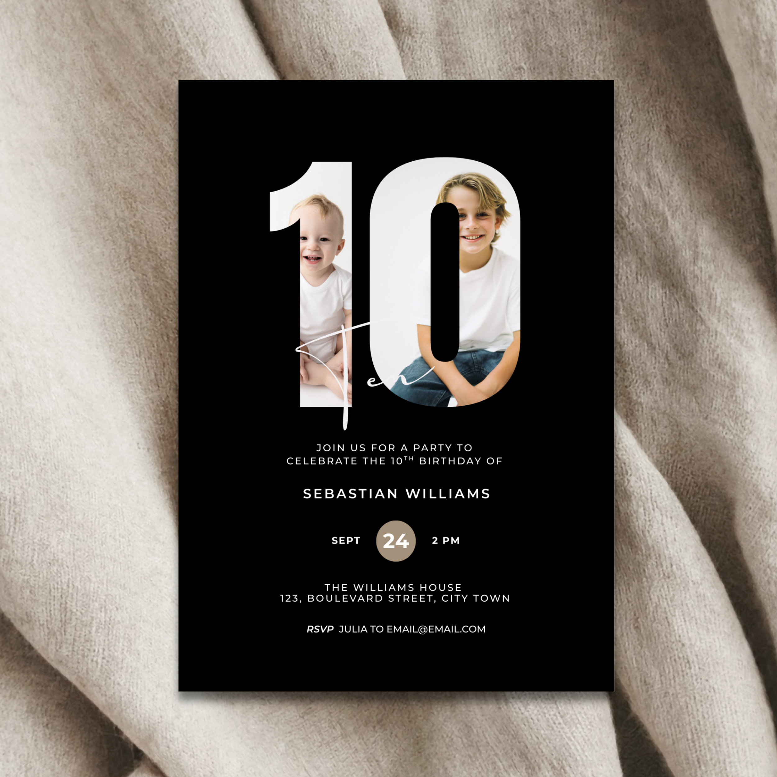 Black 10th Birthday invitation card with two children's photos and the number 10 on a black background.