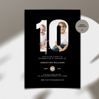Digital 10th birthday invitation with two children's photos inside a large number '10' on a black background.