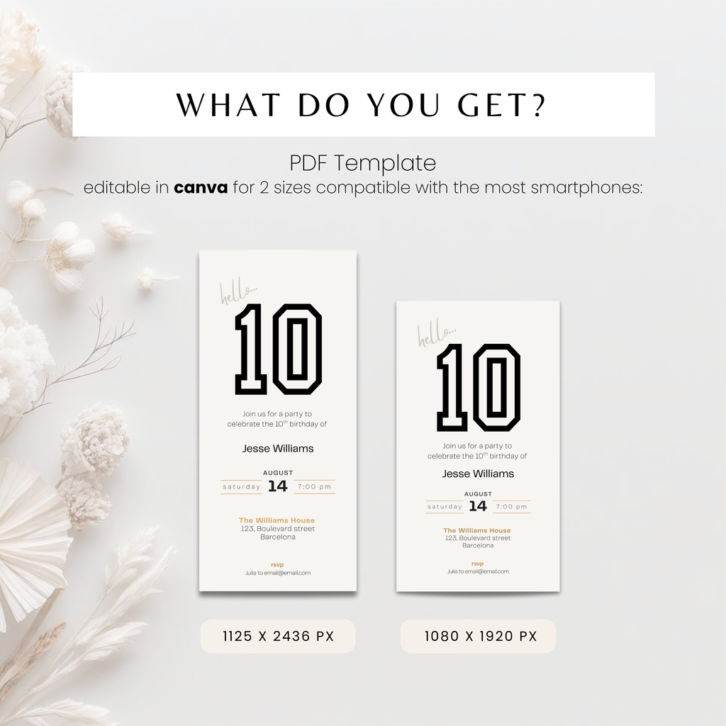 Two digital invitations with the number 10 on a white background with decorative elements.