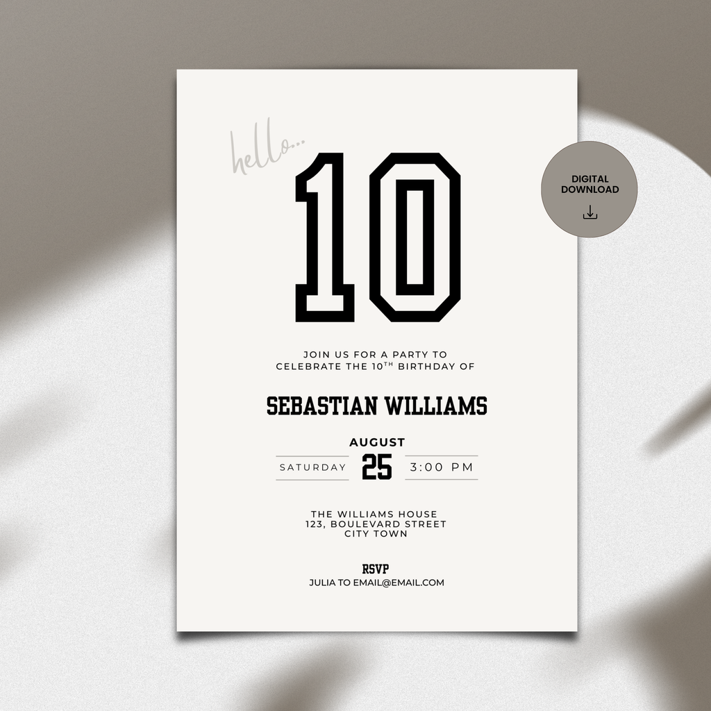 Invitation card for a 10th birthday party with black text on a white background
