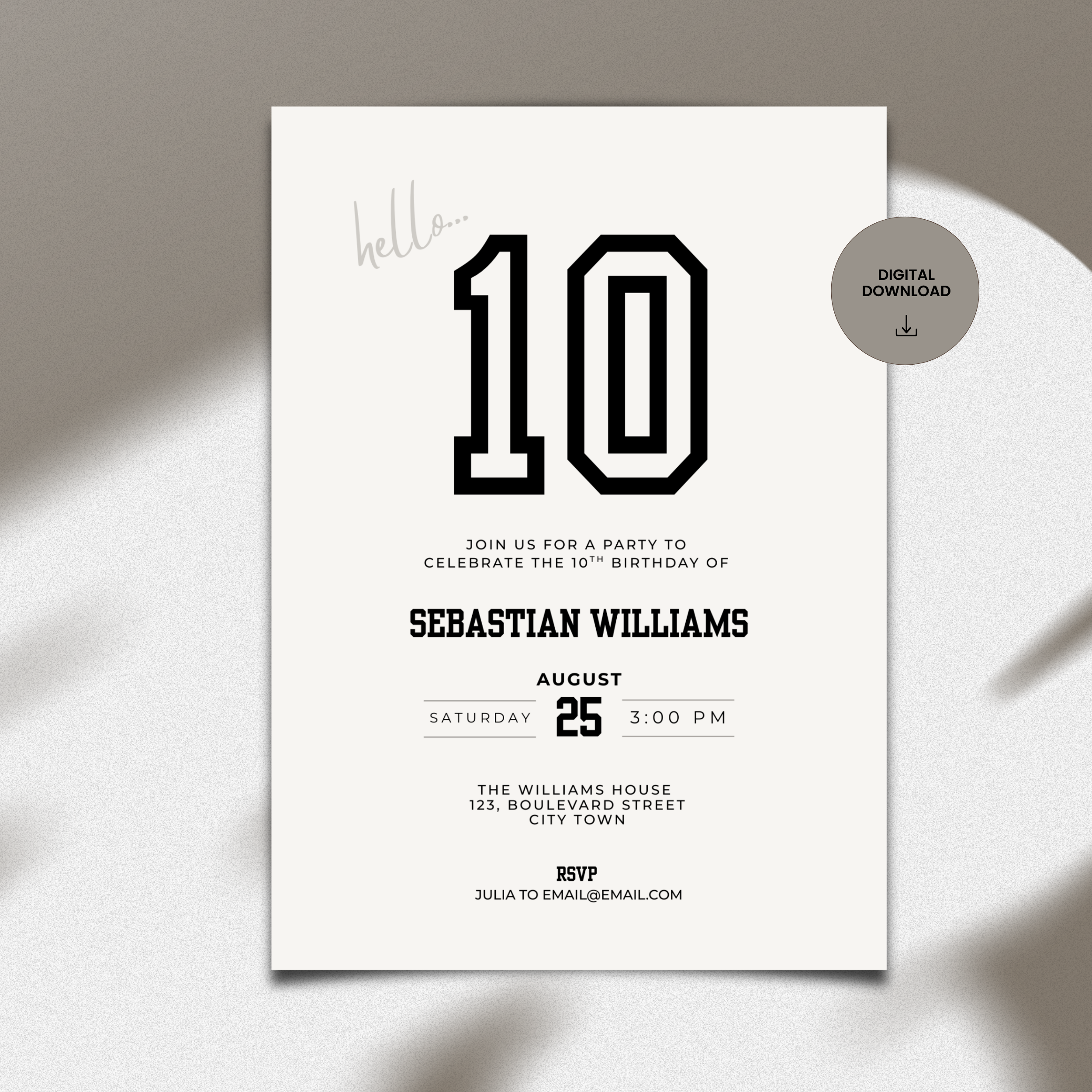 Invitation card for a 10th birthday party with black text on a white background