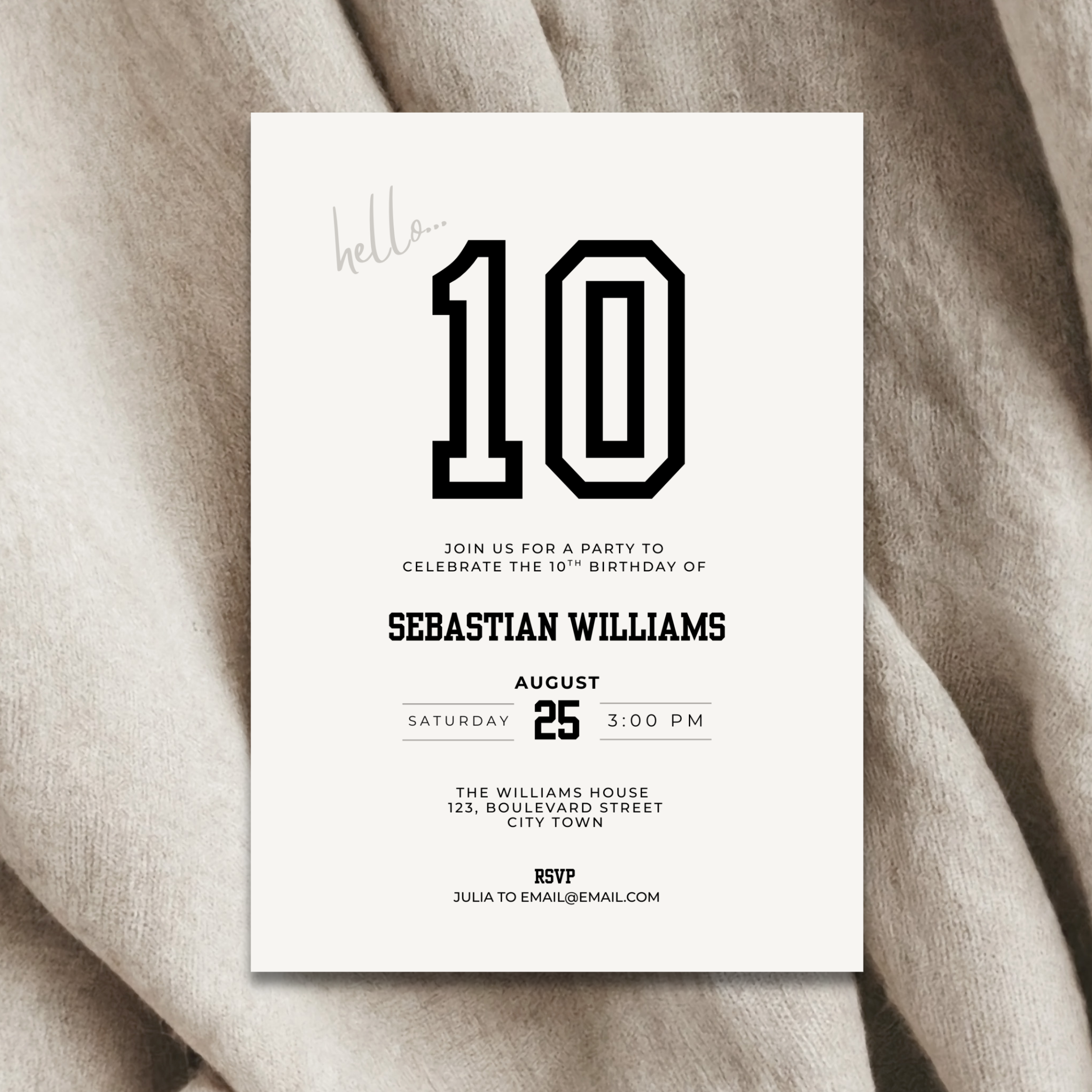 10th Birthday party invitation card with number 10 on a textured fabric background
