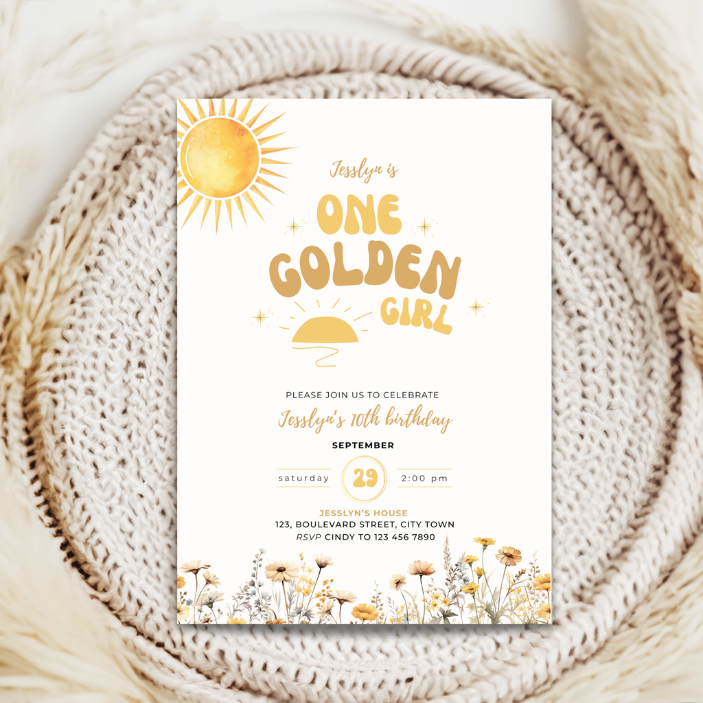 Golden 10th Birthday Invitation Girls