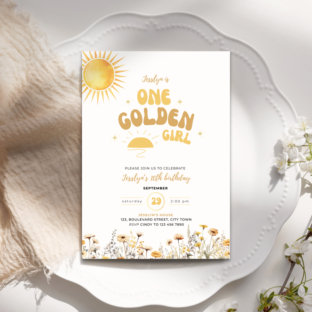 Golden 10th Birthday Invitation Girls