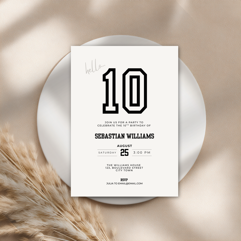 10th birthday Invitation card for a birthday party with number 10 on a white plate with pampas grass.