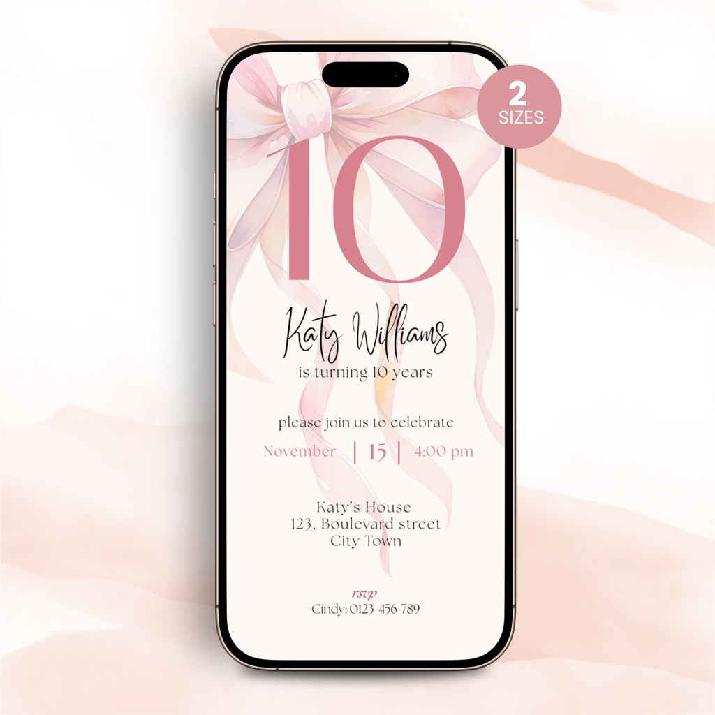 Phone displaying a 10th birthday invitation with a pink bow and text on a light pink background