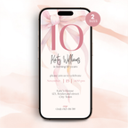 Phone displaying a 10th birthday invitation with a pink bow and text on a light pink background