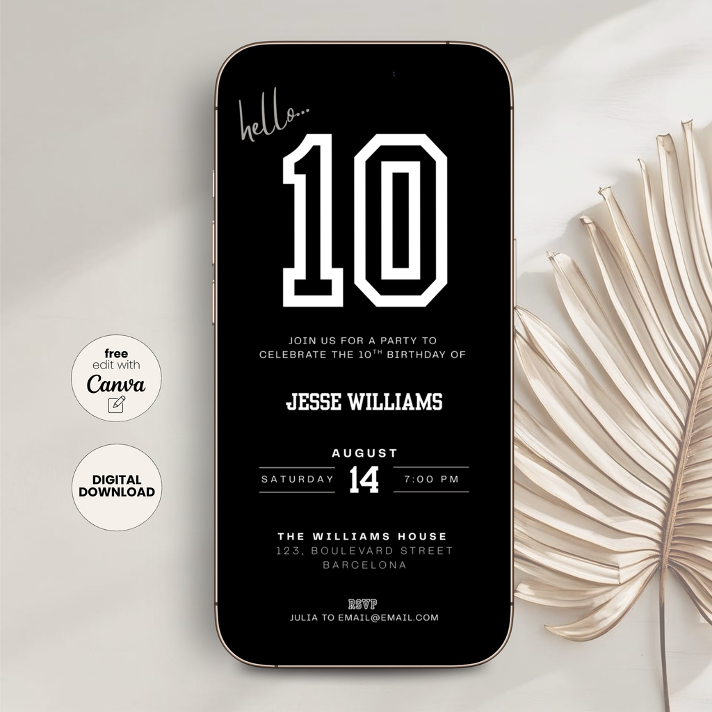 Black 10th Birthday Invitation for Boys