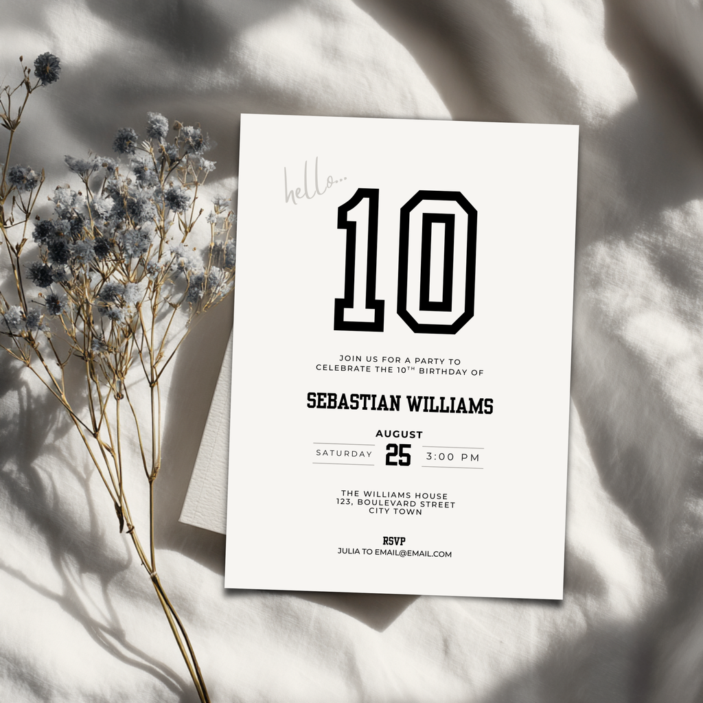10th birthday Invitation card with number 10 on a textured surface with flowers