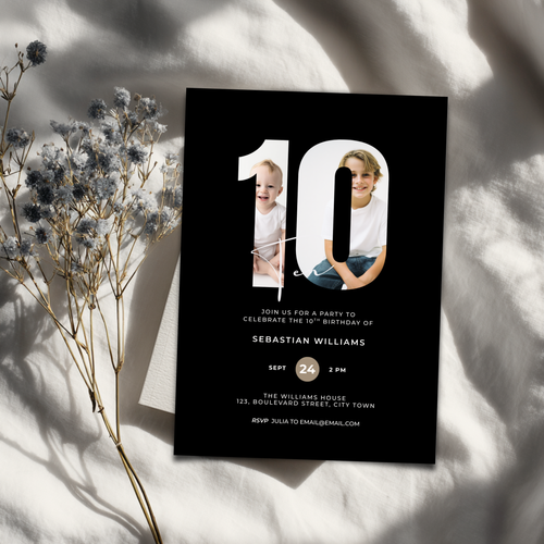 Black 10th birthday invitation card with two photos of a child and a woman, featuring the number 10, on a light background.