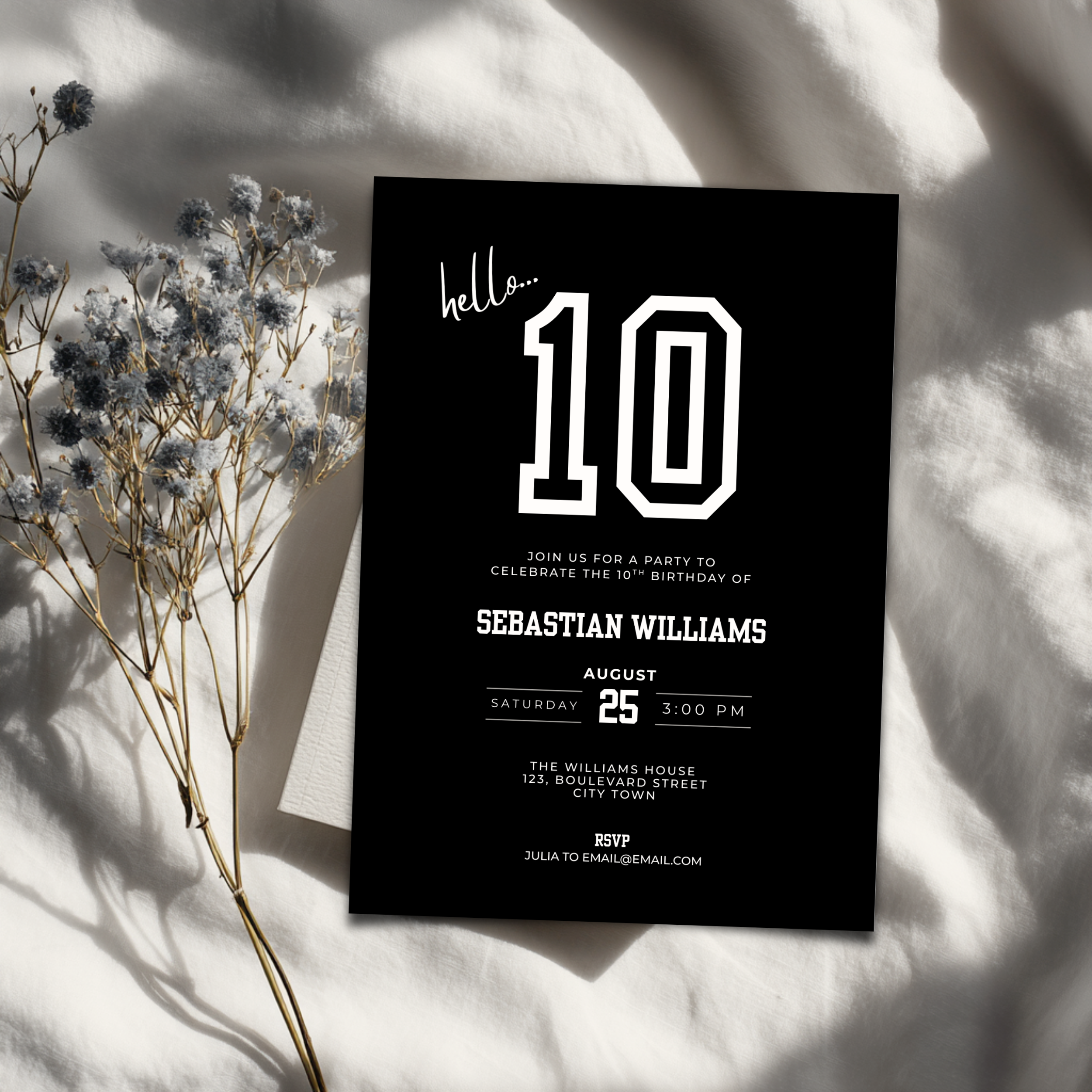 Black 10th birthday invitation card with white text on a light background