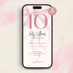 Phone screen displaying a 10th birthday invitation with a pink bow design on a light pink background