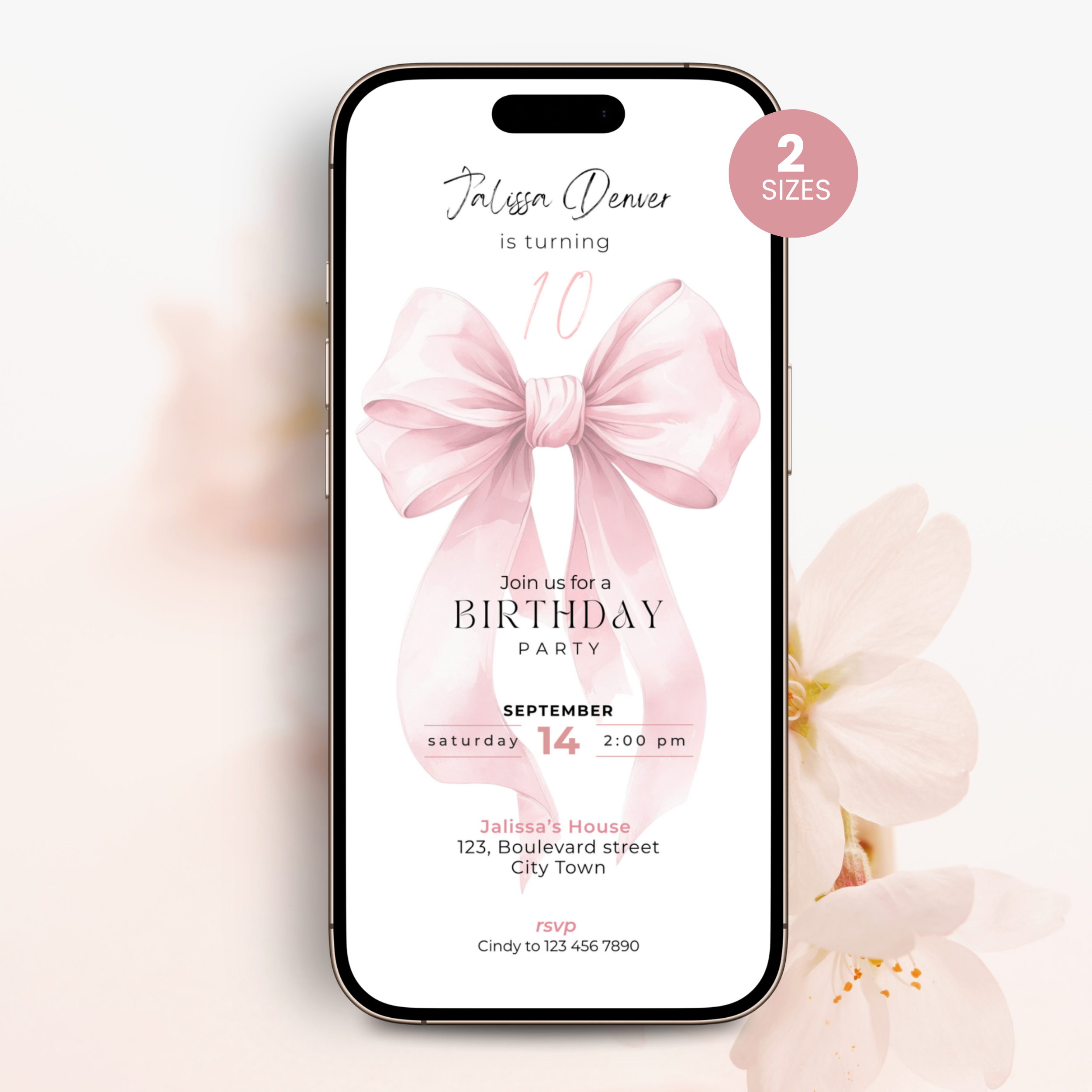 Phone screen displaying a 10th birthday party invitation with a pink bow graphic on a light background.