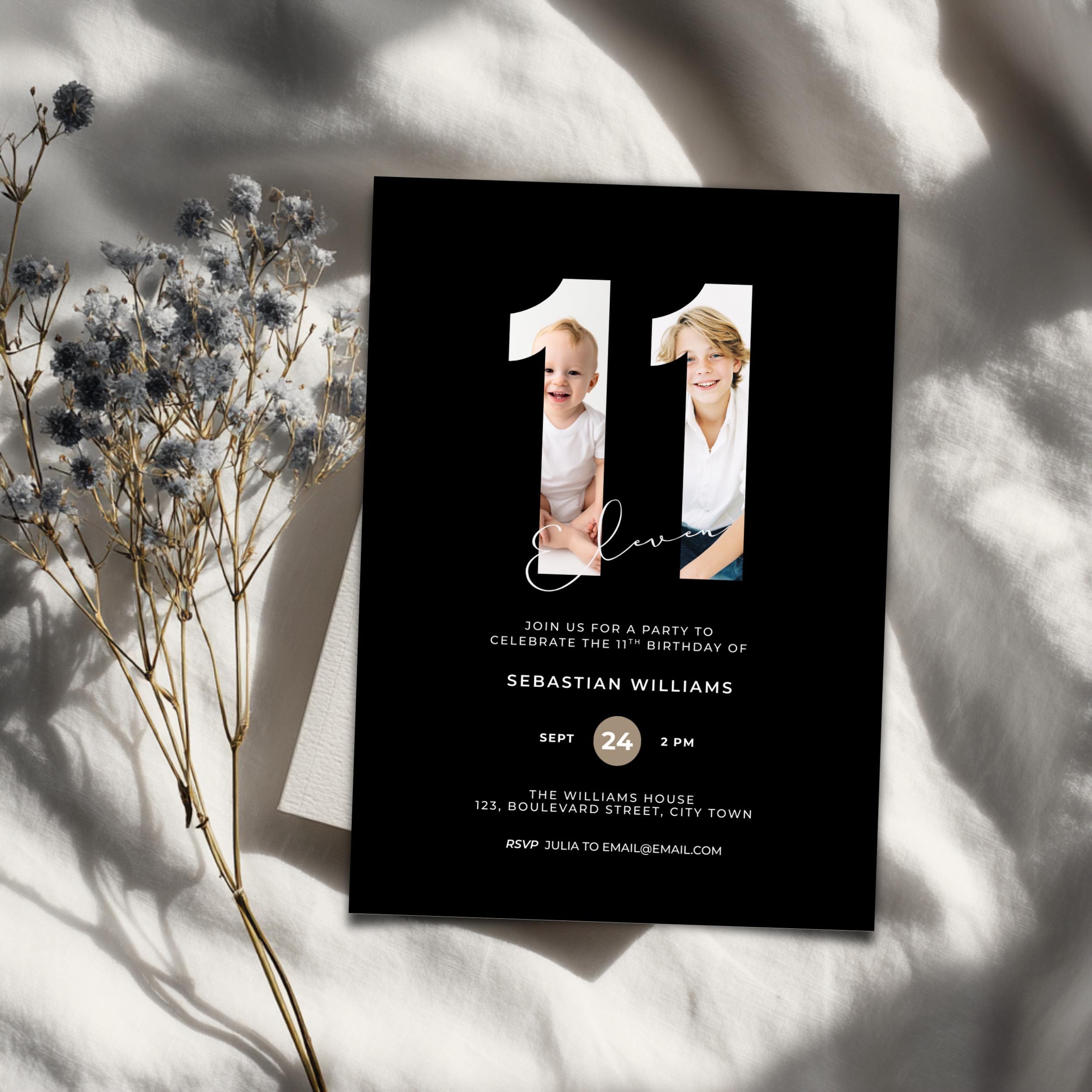 11th birthday invitation card with two photos of a boy on a black background with white text.