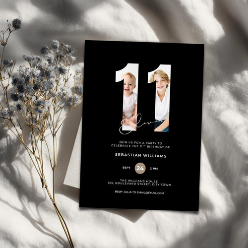 11th birthday invitation card with two photos of a boy on a black background with white text.