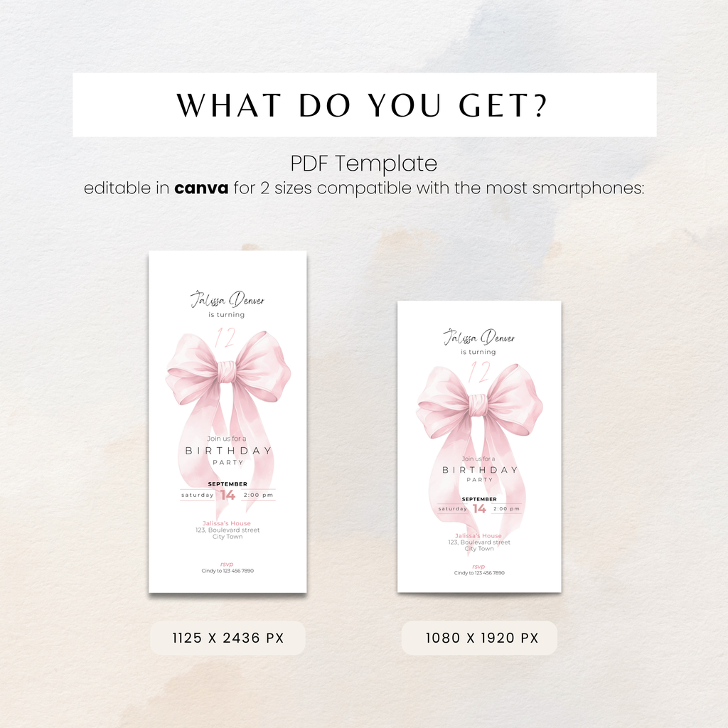 Pink Bow Watercolor 12th Birthday Invitation