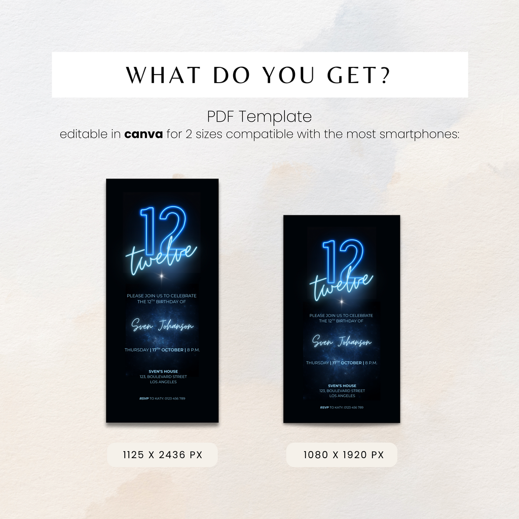 Blue 12th Birthday Invitation Neon Glow Party