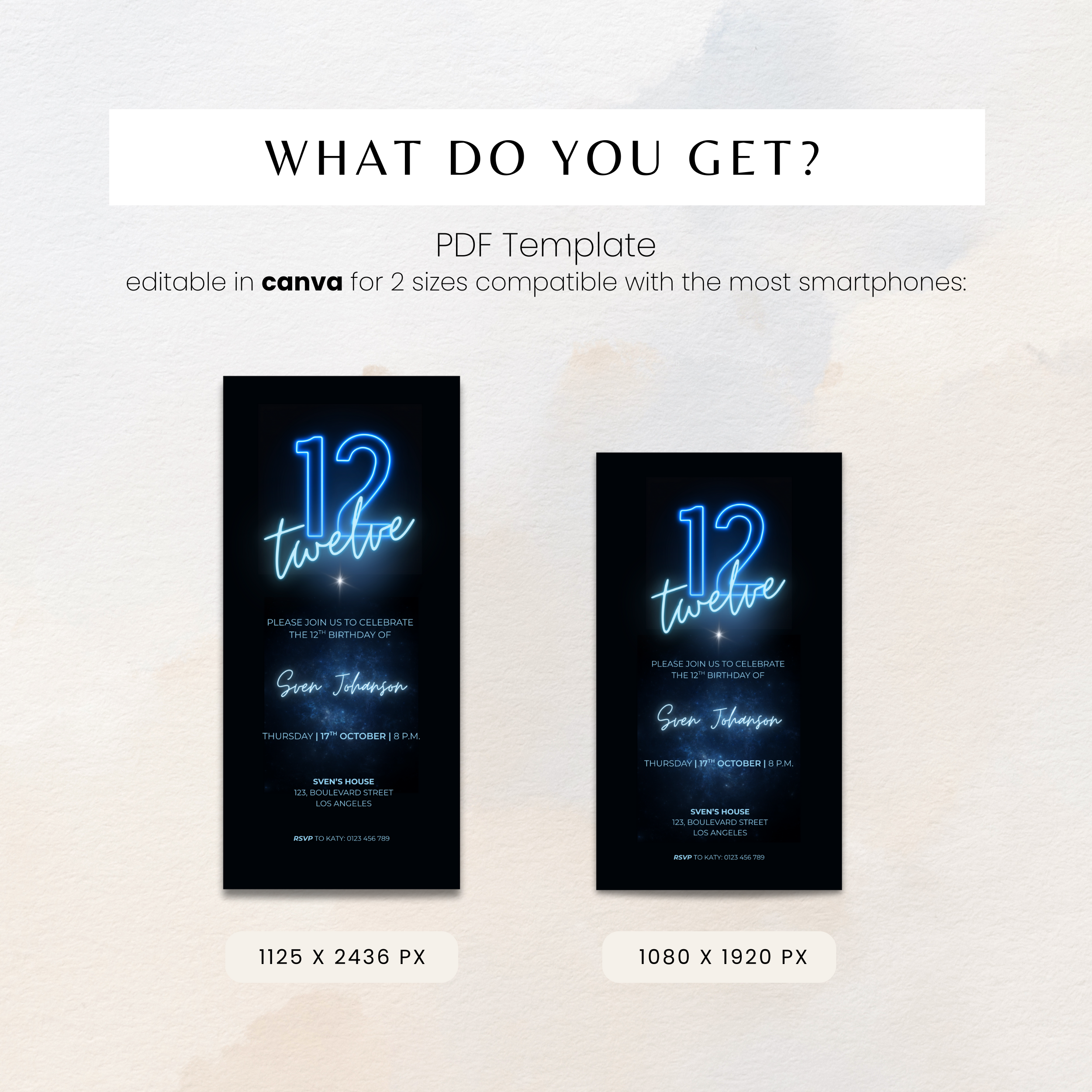 Blue 12th Birthday Invitation Neon Glow Party