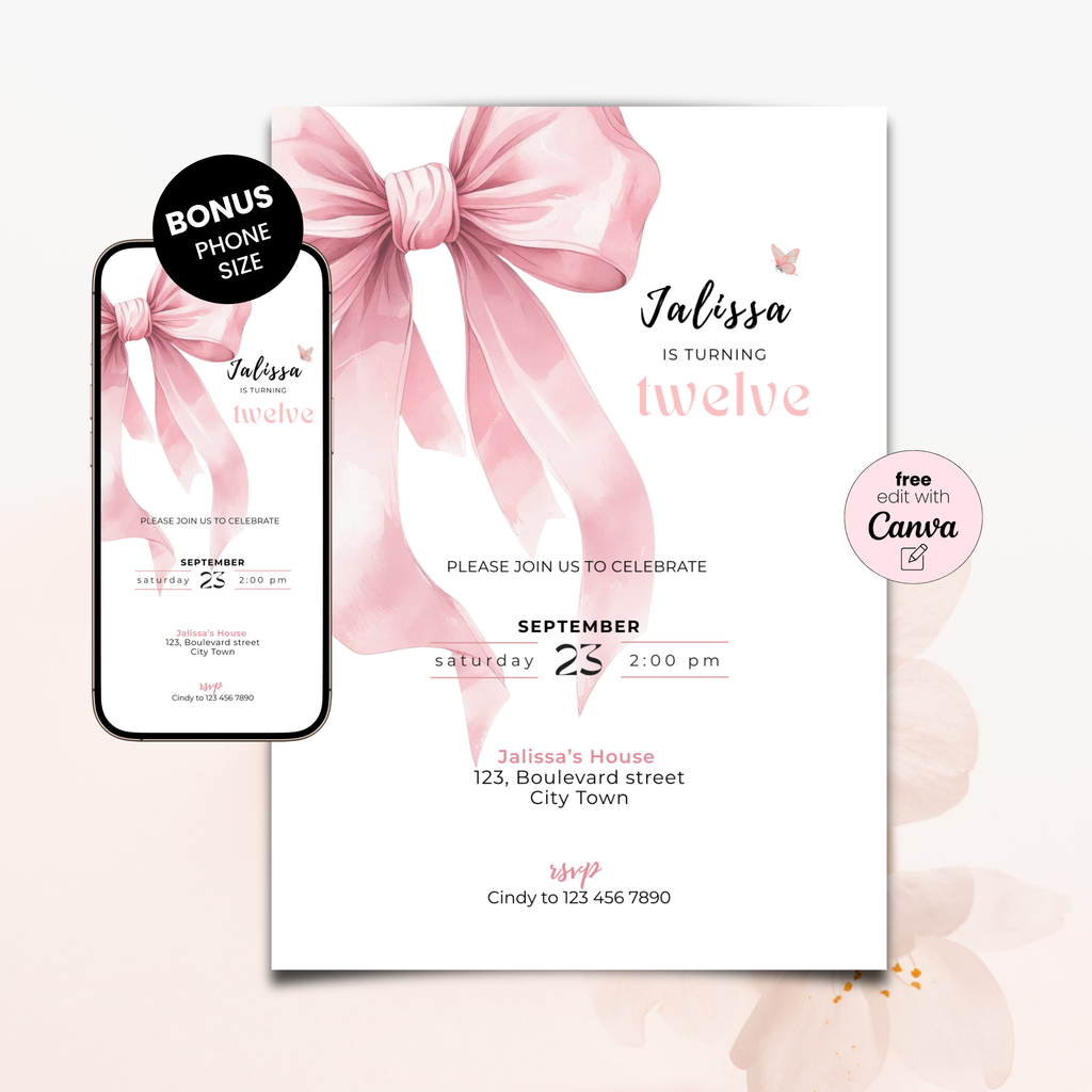 Pink Bow Coquette 12th Birthday Invitation