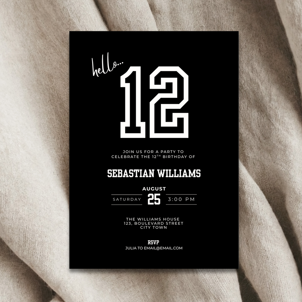 Minimal Black Sports 12th Birthday Invitation for Boys
