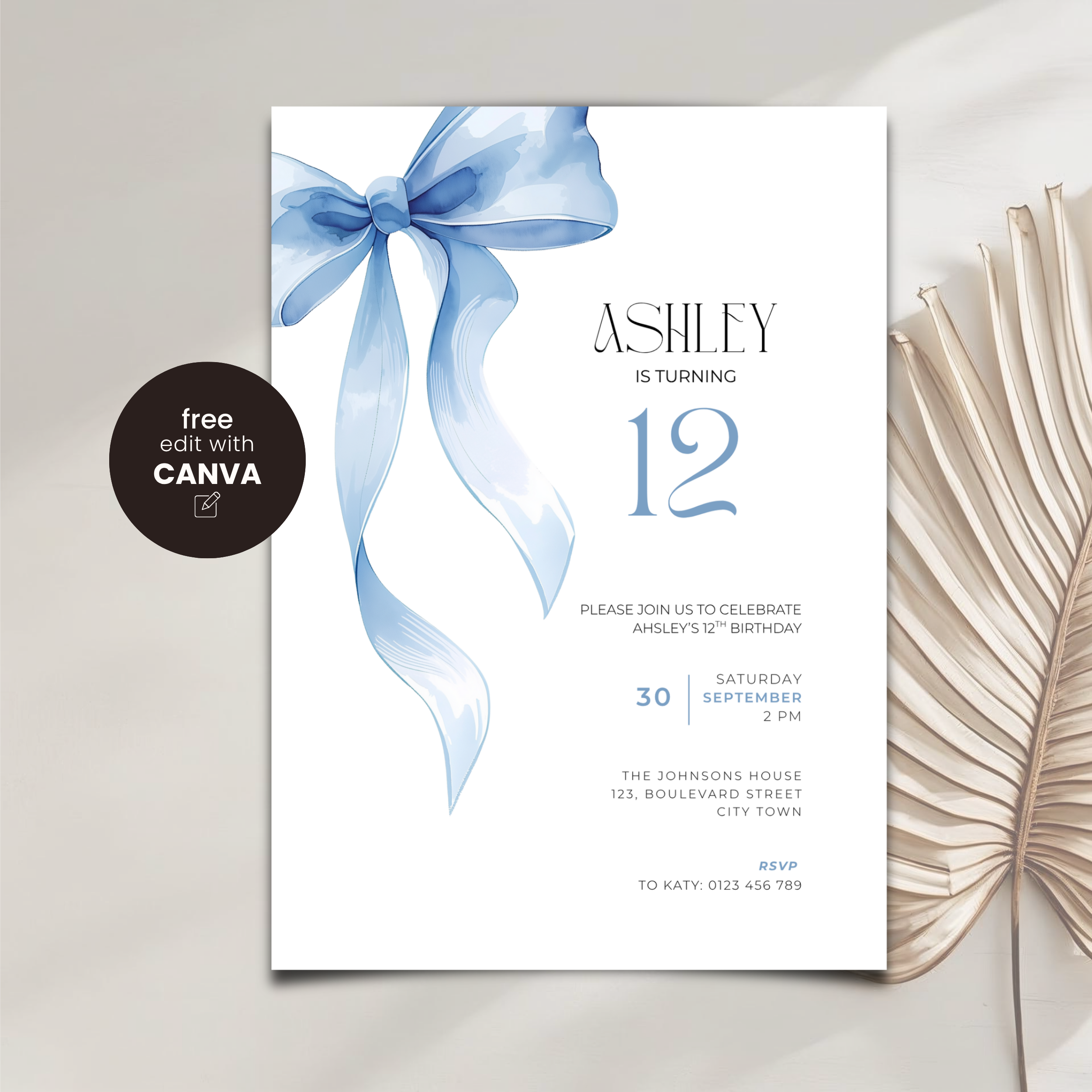 Blue Bow Watercolor 12th Birthday Invitation