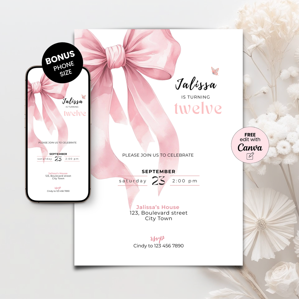 Pink Bow Coquette 12th Birthday Invitation