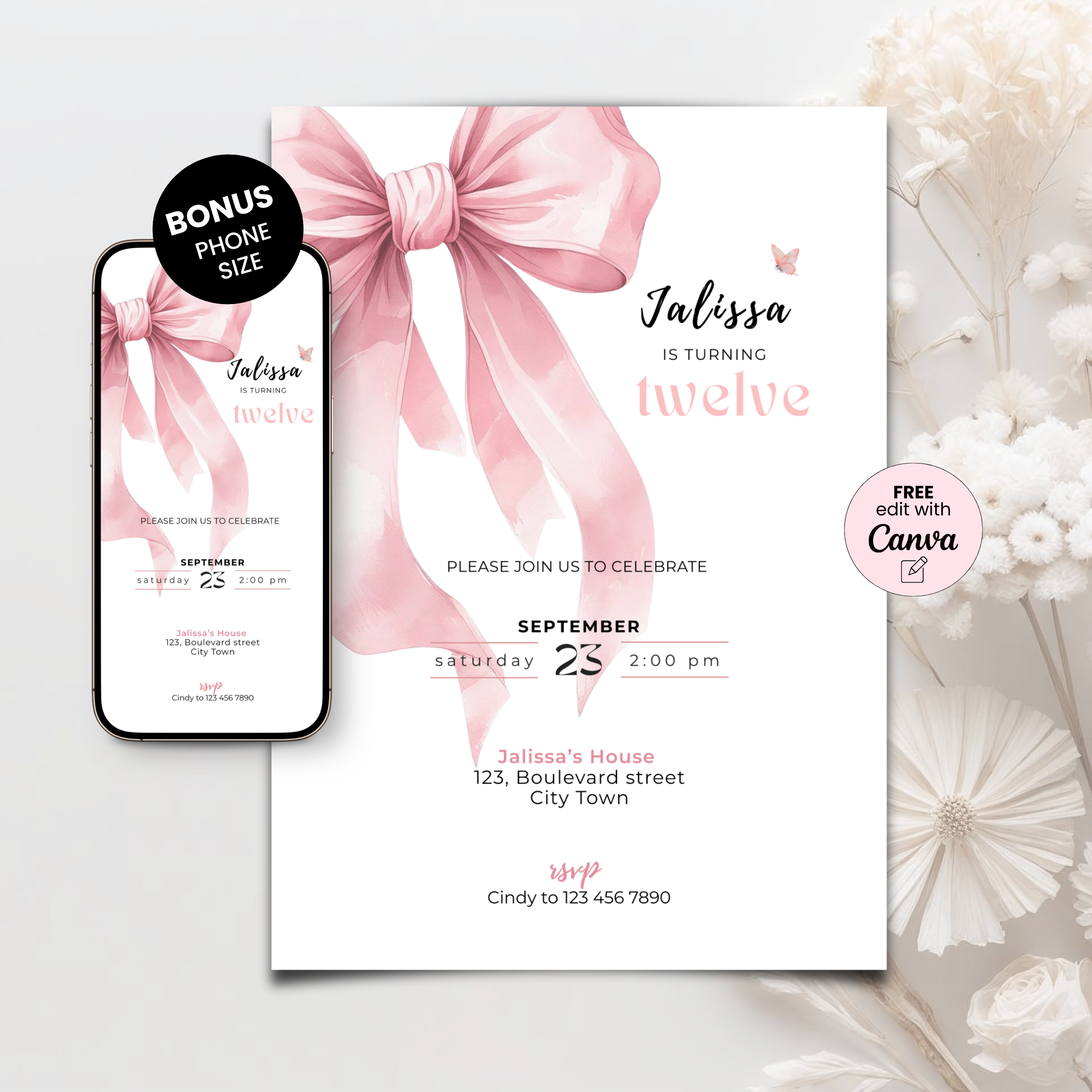 Pink Bow Coquette 12th Birthday Invitation