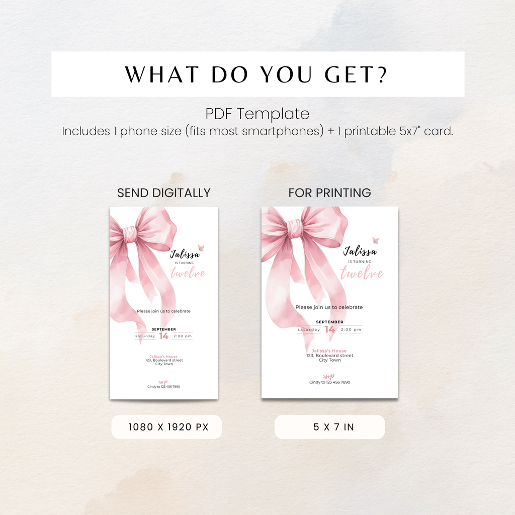 Pink Bow Watercolor 12th Birthday Invitation