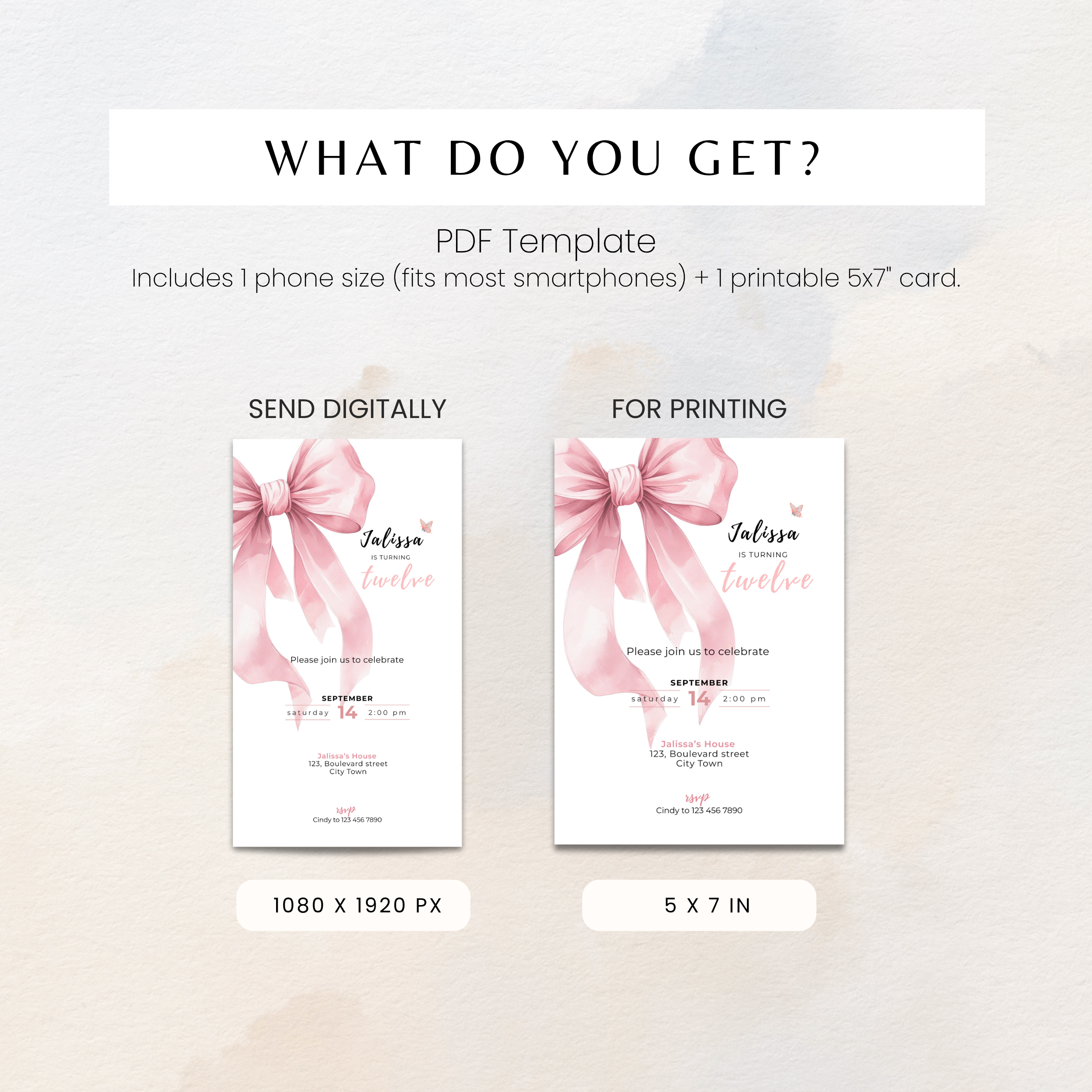 Pink Bow Watercolor 12th Birthday Invitation