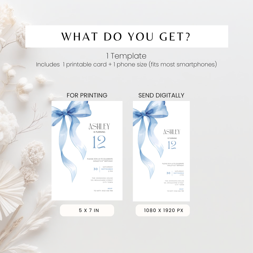 Blue Bow Watercolor 12th Birthday Invitation