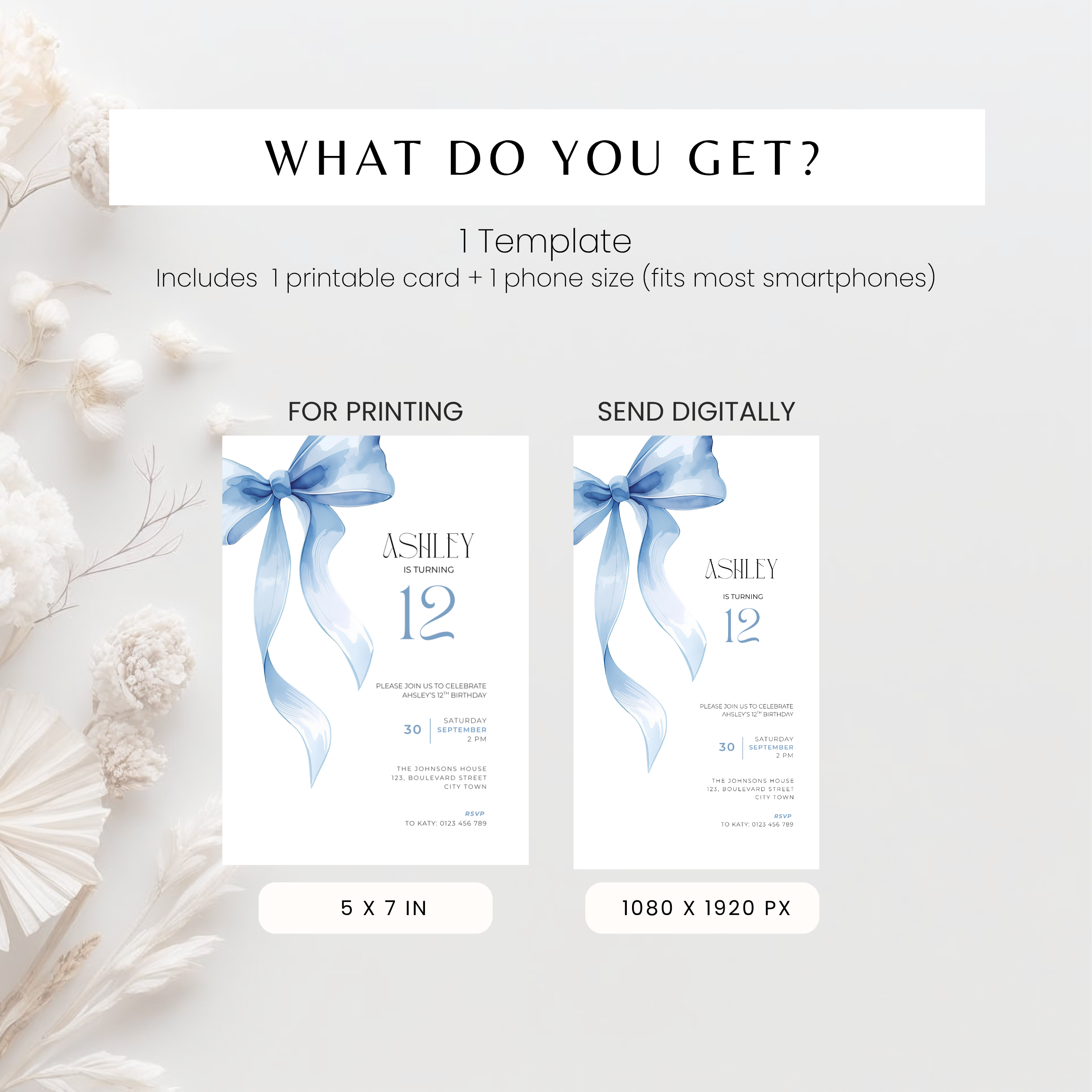 Blue Bow Watercolor 12th Birthday Invitation