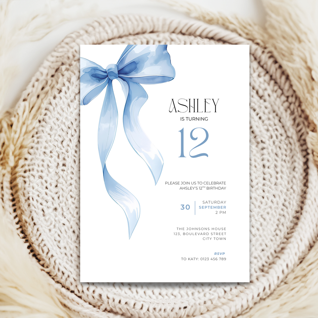 Blue Bow Watercolor 12th Birthday Invitation
