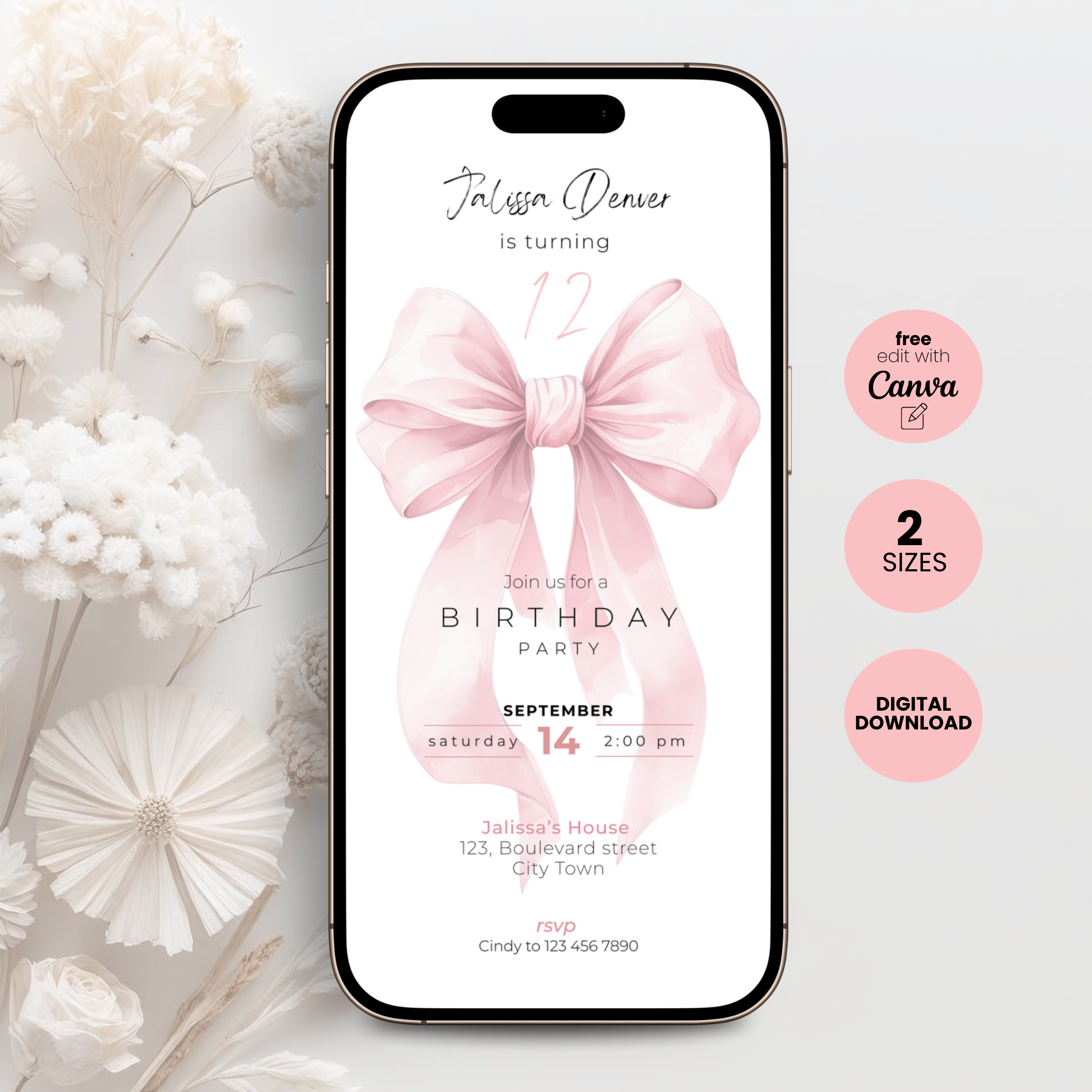 Pink Bow Watercolor 12th Birthday Invitation