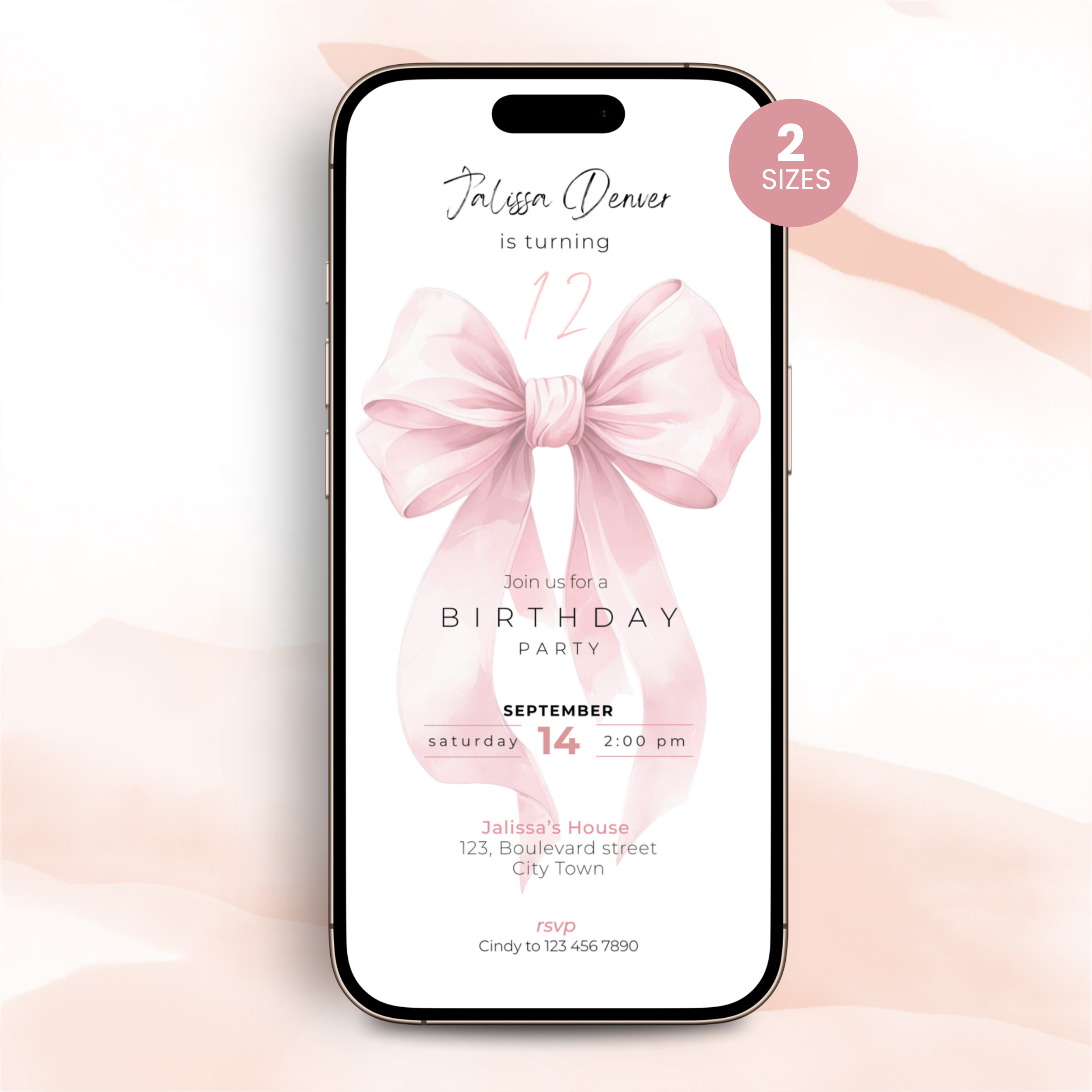 Pink Bow Watercolor 12th Birthday Invitation