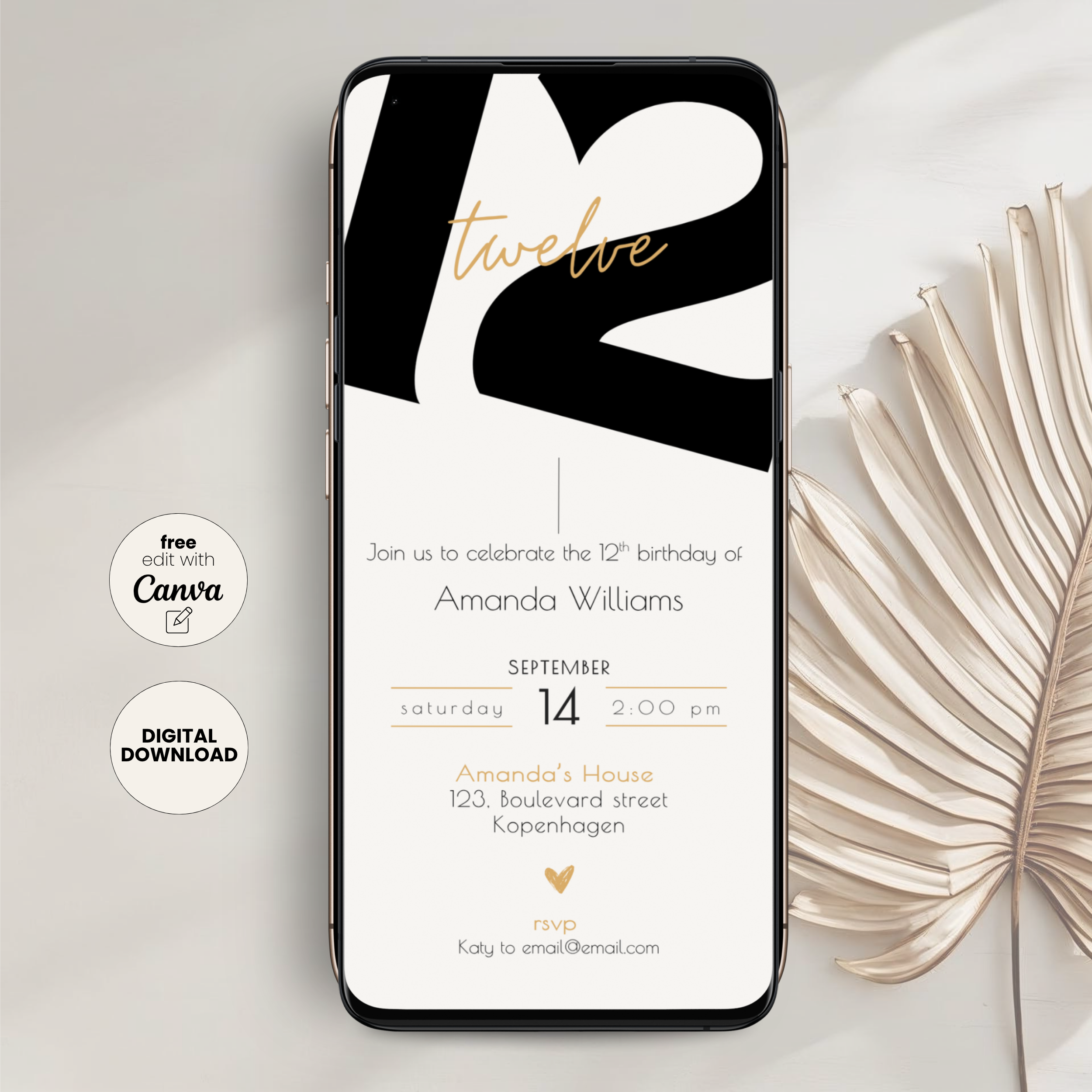 Modern Black Tween 12th Birthday Invitation