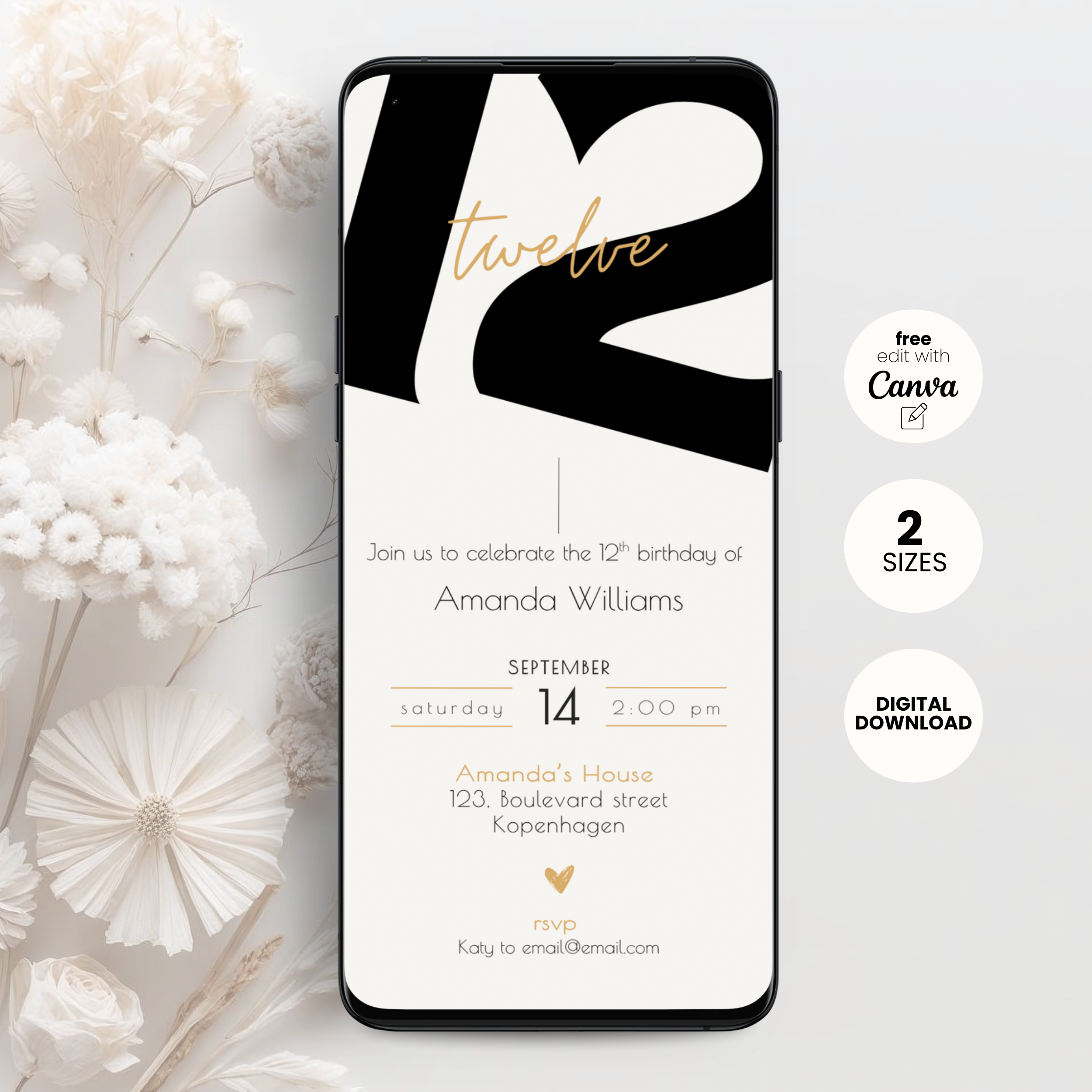 Modern Black Tween 12th Birthday Invitation