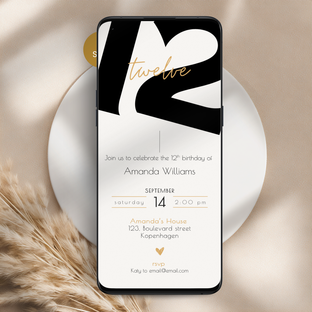 Modern Black Tween 12th Birthday Invitation