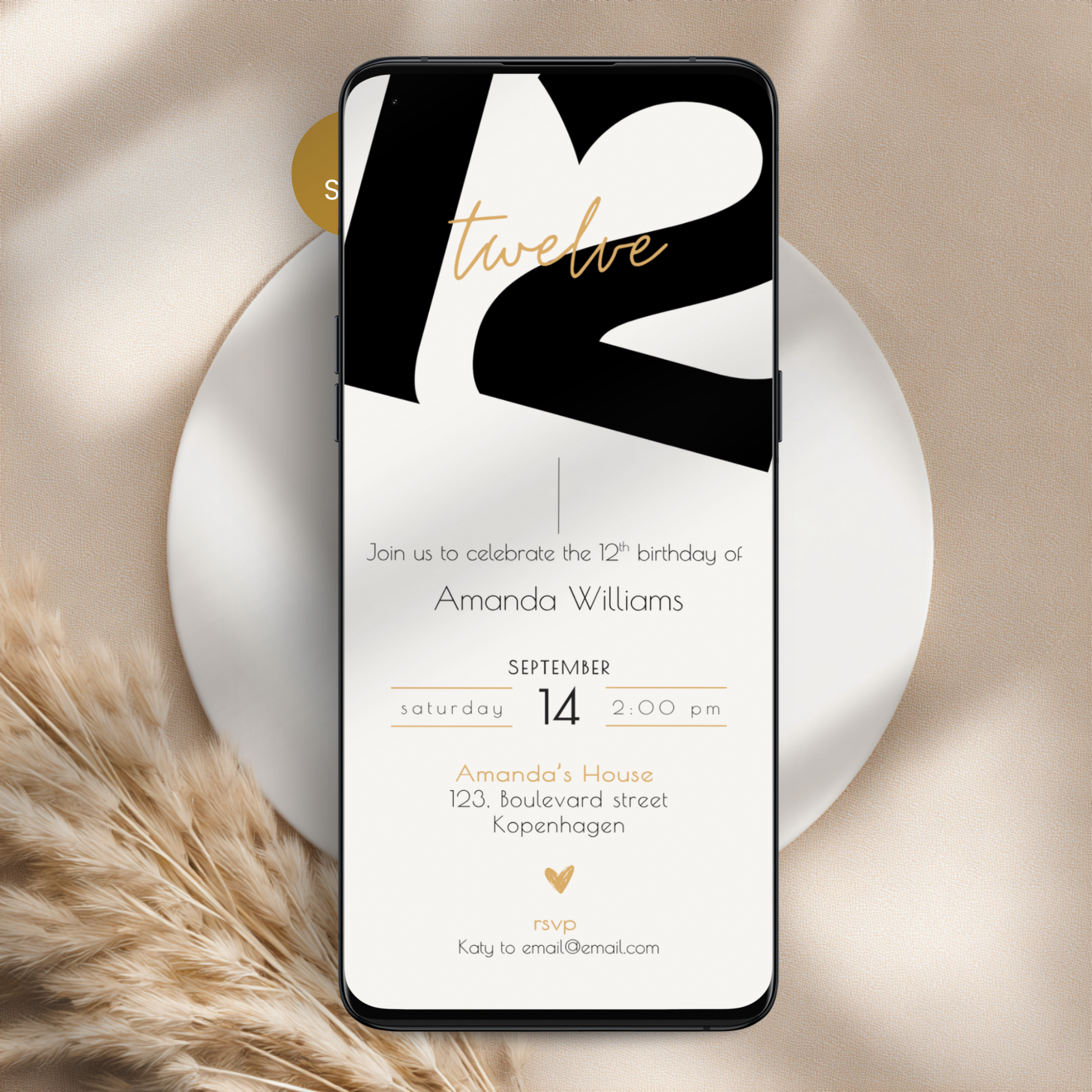 Modern Black Tween 12th Birthday Invitation