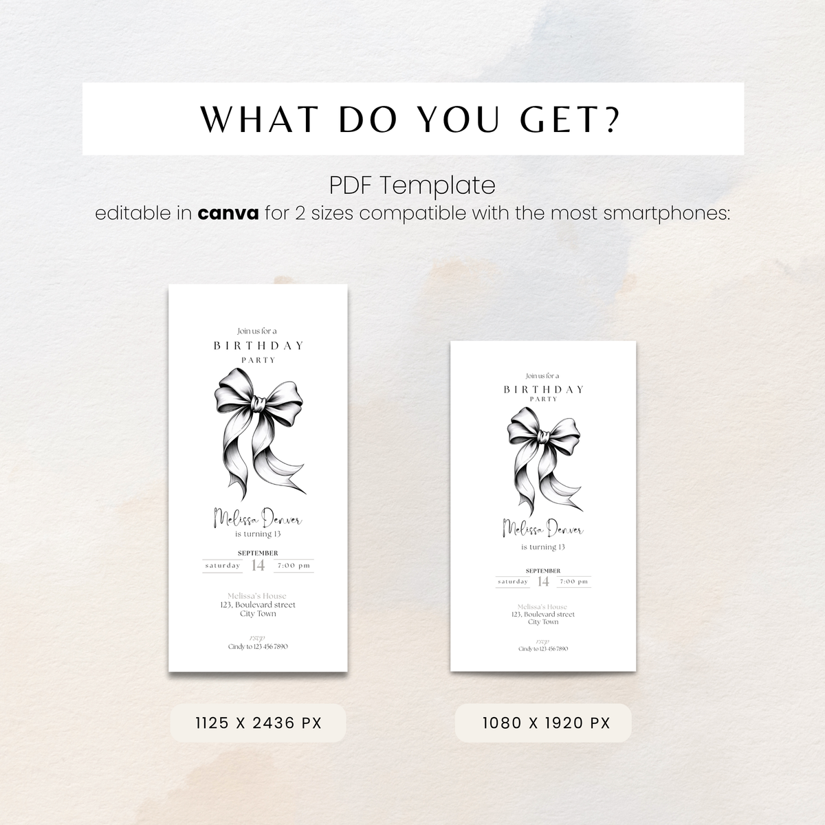 What you get: black bow 13th birthday invitation template in two phone sizes, editable in Canva