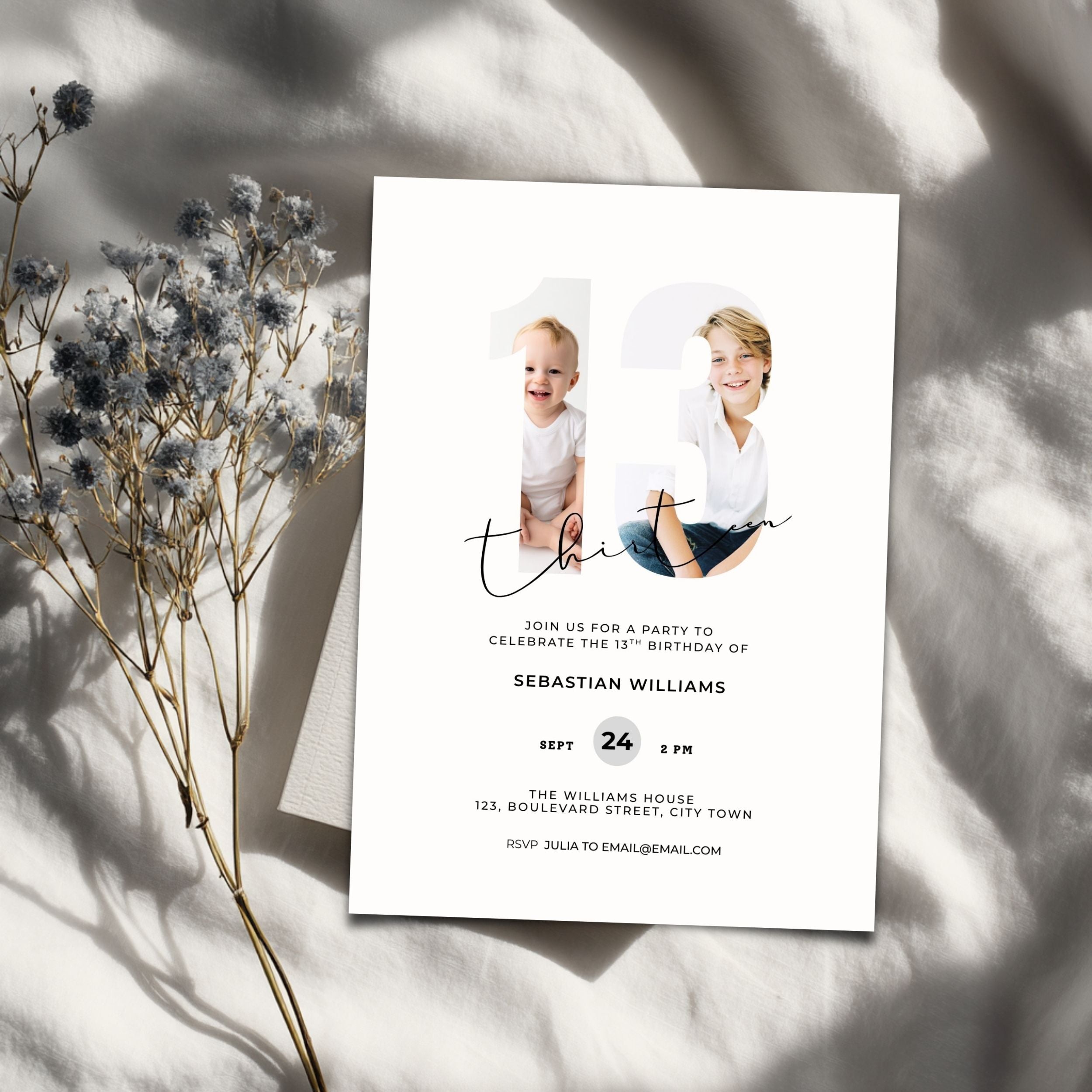 White 13th Birthday Photo Invitation Template Boys