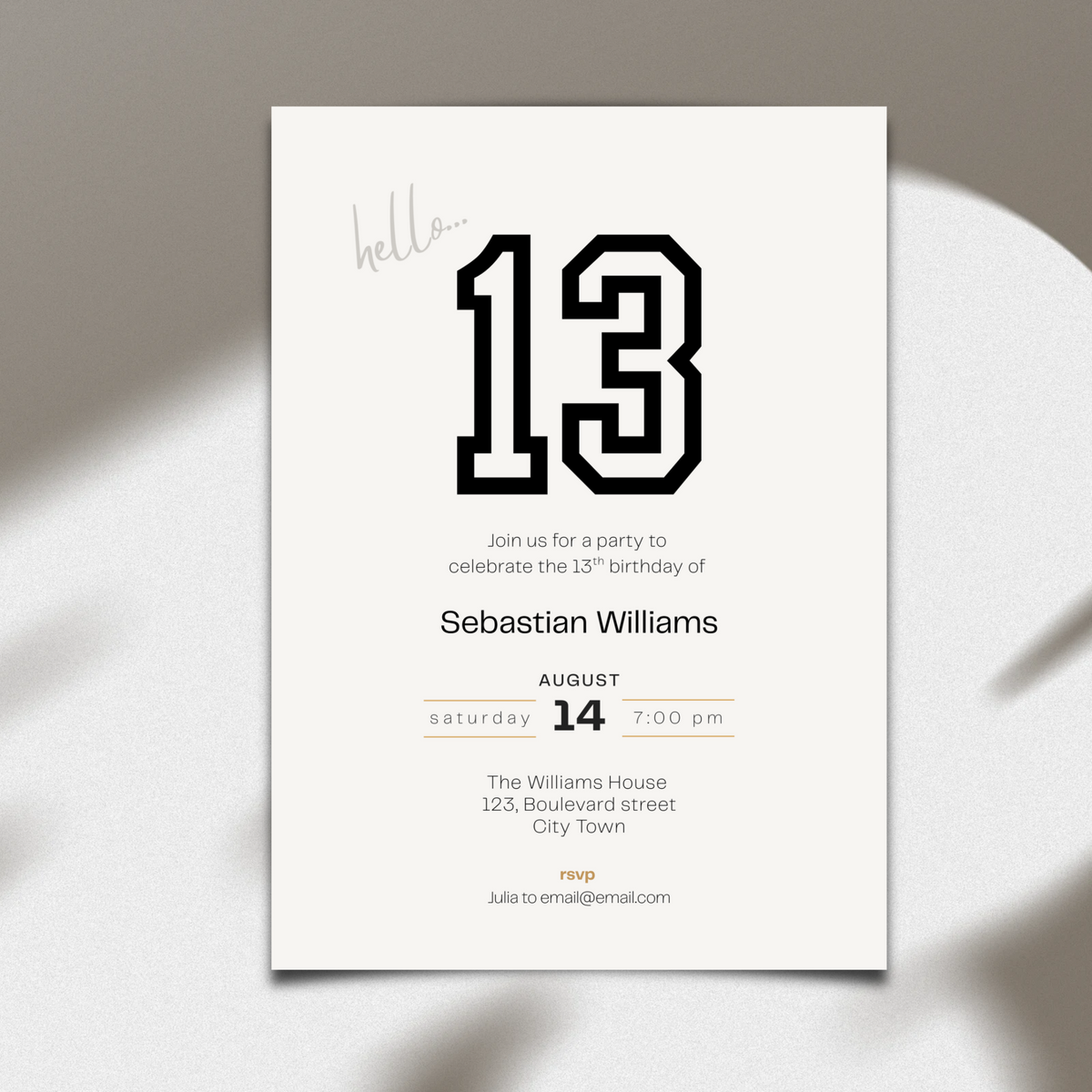 Bold 13 sports 13th birthday invitation template for boys, a minimalist card with a big black 13