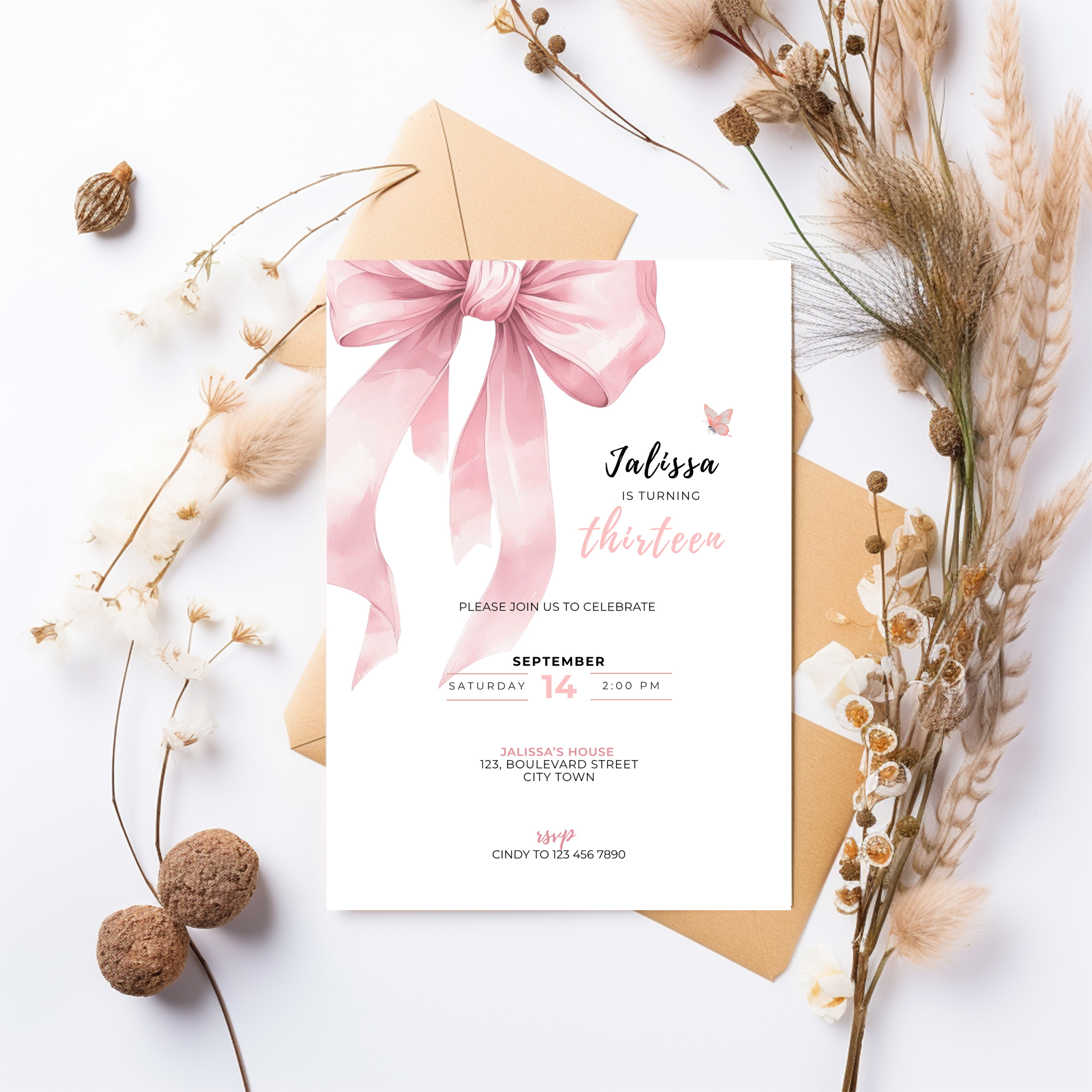Pink Bow Coquette 13th Birthday Invitation