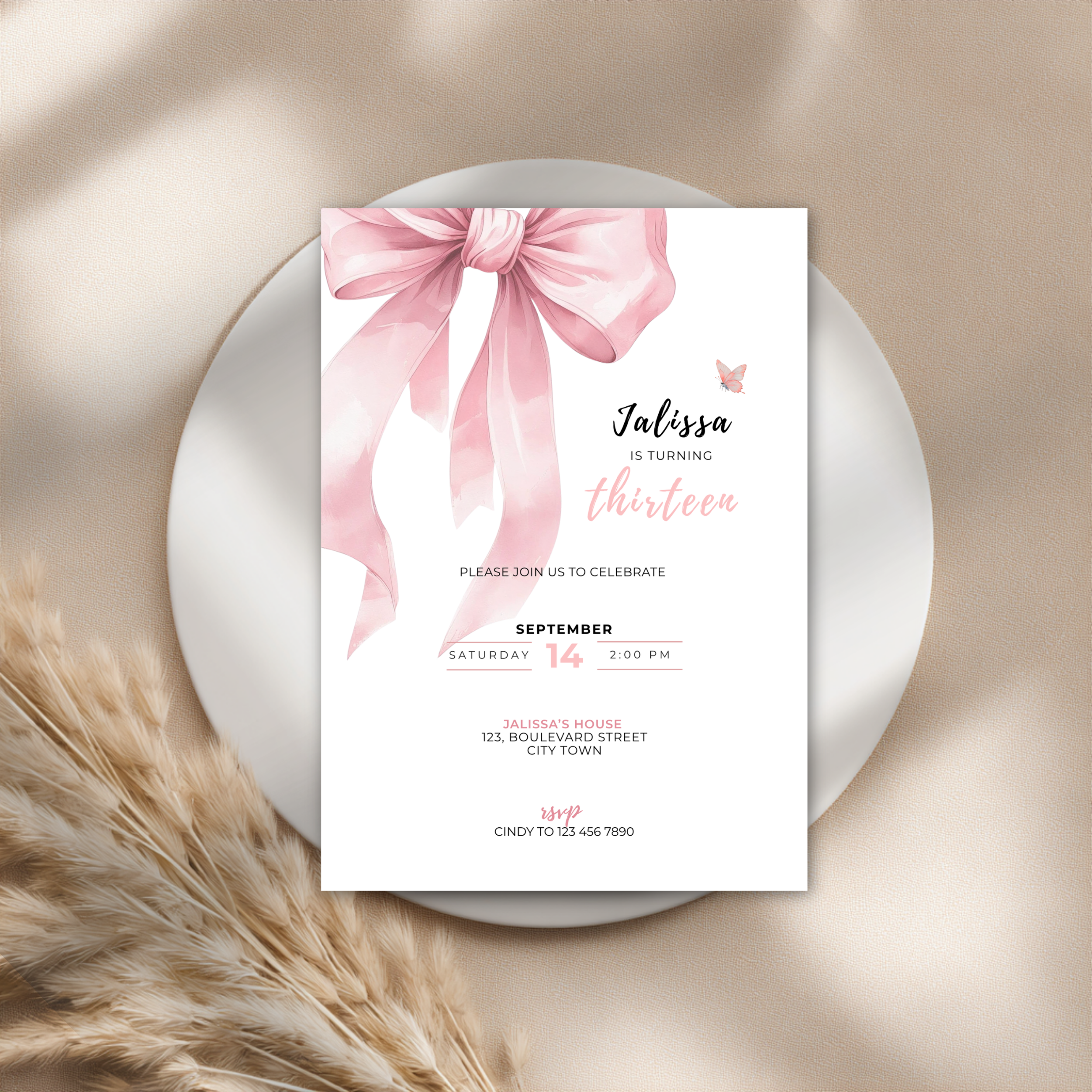 Pink Bow Coquette 13th Birthday Invitation
