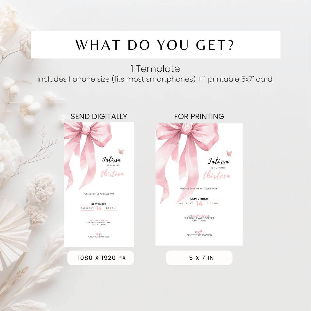 Pink Bow Coquette 13th Birthday Invitation