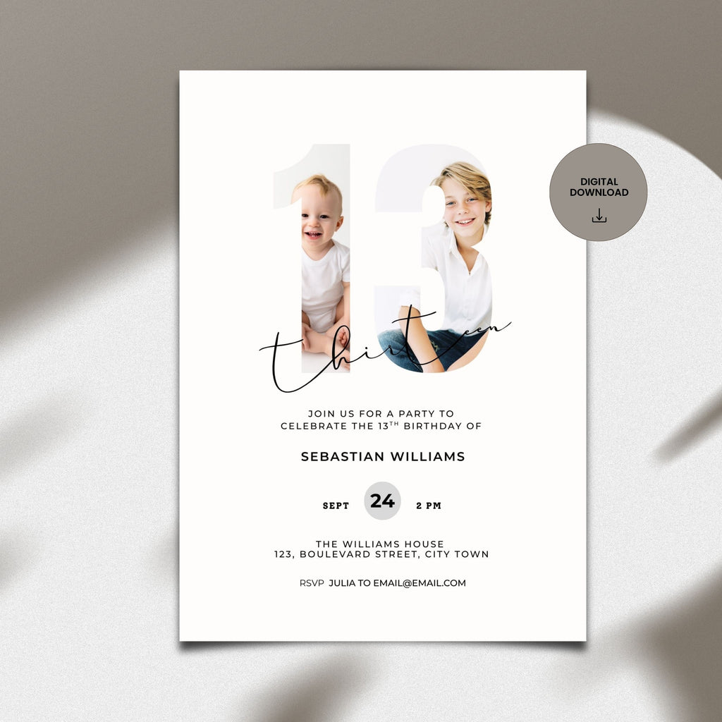 White 13th Birthday Photo Invitation Template Boys