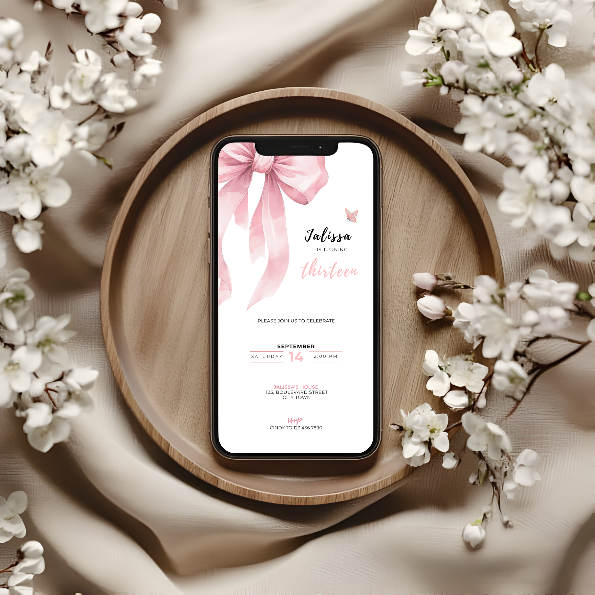 Pink Bow Coquette 13th Birthday Invitation